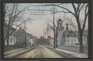 Postcard of Mills of American Thread Company, spool shop on the right