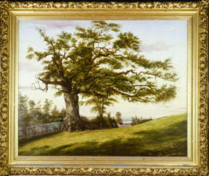 Painting of the Charter Oak, with a Church Spire and Colt Factory Onion Top in the Distance Including the Connecticut River.